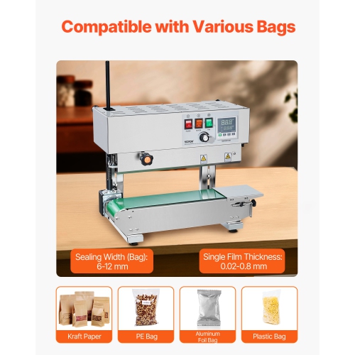 VEVOR 0.24-0.47 in Continuous Bag Band Sealing Machine,6-12 mm Seal Width, Vertical Band Sealer Machine with Digital Temperature Control, Stainless