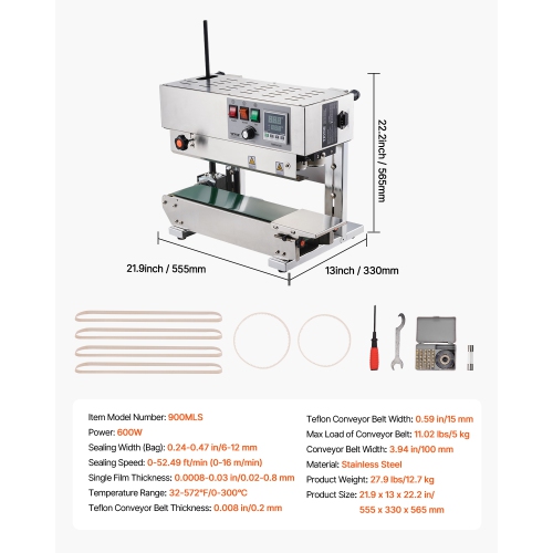 VEVOR 0.24-0.47 in Continuous Bag Band Sealing Machine,6-12 mm Seal Width, Vertical Band Sealer Machine with Digital Temperature Control, Stainless