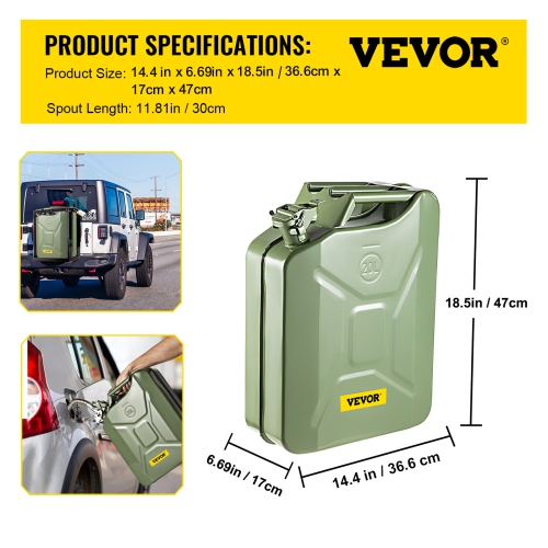 VEVOR 5.3 Gallon / 20 L Jerry Fuel Can, Portable Jerry Gas Can with Flexible Spout System, Rustproof ＆ Heat-resistant Steel Fuel Tank for Cars Trucks