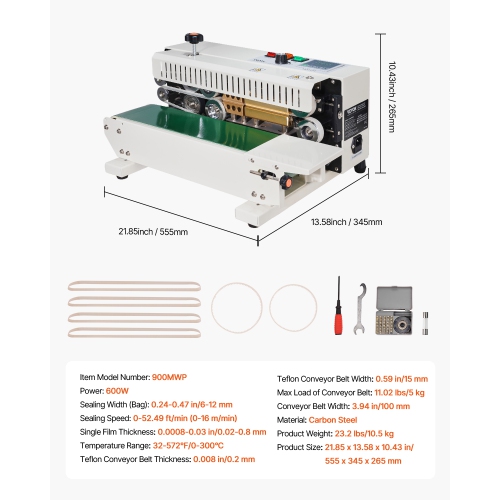 VEVOR 0.24-0.47 in Continuous Bag Band Sealing Machine, 6-12 mm Seal Width, Horizontal Band Sealer Machine with Digital Temperature Control, Carbon