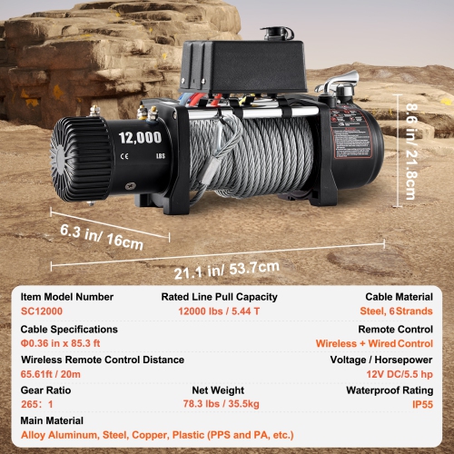 VEVOR 12,000 lb Electric Winch, 12V DC Truck Winch with Φ0.36 in x 85 ft Steel Cable Roller Fairlead Wireless & Wired Remote Control, IP55 Waterproof