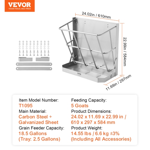 VEVOR 21 Gal Goat Hay Feeder, 2 in 1 Hay and Grain Feeder, Wall Mounted Livestock Feeder with Feed Tray, Multiple Sided Goat Hay Rack, Sturdy Steel