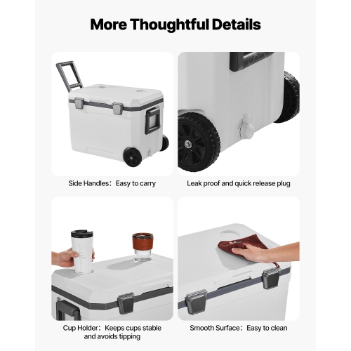 VEVOR 45 QT Portable Cooler, Wheeled Cooler with Ice Retention, Heavy-Duty Handles and Cup Holder, Lightweight Rigid Material Insulated Portable