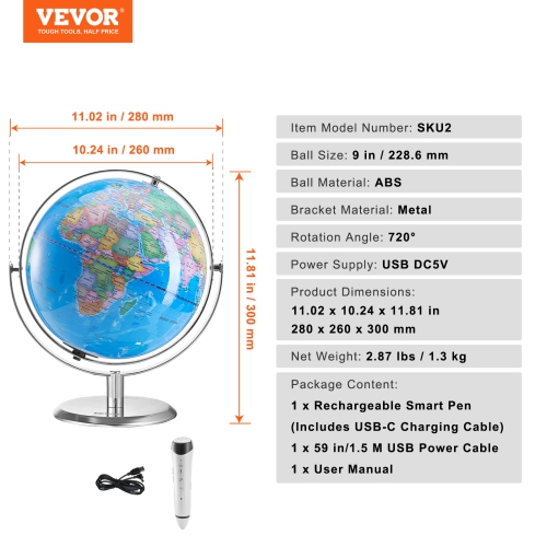 Globe parlant 9&nbsp;po/228,6&nbsp;mm VEVOR, Globe interactif pour l'apprentissage précoce des enfants, Globe éducatif avec stylo intelligent et