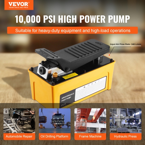 VEVOR 10,000PSI Air Hydraulic Pump, 0.42 Gal Reservoir, NPT 3/8 In Oil Outlet, NPT 1/4 In Inlet, Aluminum Shell Air Actuated Treadle Foot Pump, for