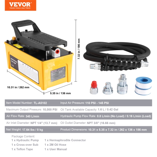 VEVOR 10,000PSI Air Hydraulic Pump, 0.42 Gal Reservoir, NPT 3/8 In Oil Outlet, NPT 1/4 In Inlet, Aluminum Shell Air Actuated Treadle Foot Pump, for