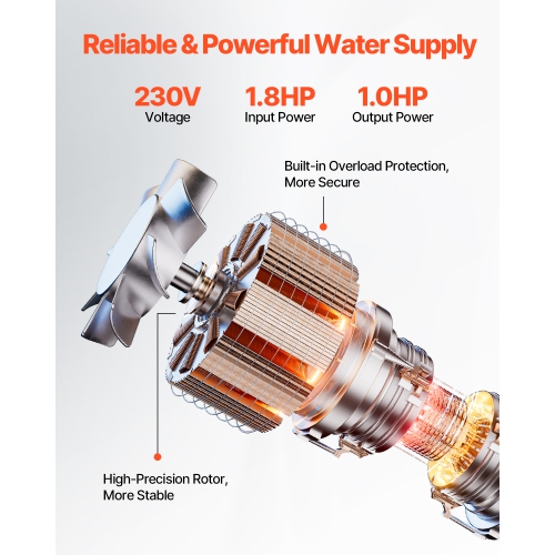 VEVOR 31.7 GPM Flow Deep Well Submersible Pump, 1 HP Output Power, 230V, 207 ft Head, with 32.81 ft Cord External Control Box, Stainless Steel Water