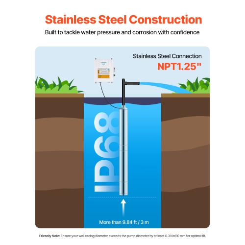 VEVOR 31.7 GPM Flow Deep Well Submersible Pump, 1 HP Output Power, 230V, 207 ft Head, with 32.81 ft Cord External Control Box, Stainless Steel Water