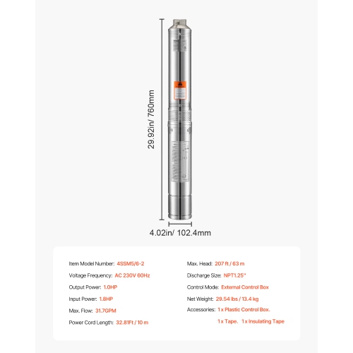 VEVOR 31.7 GPM Flow Deep Well Submersible Pump, 1 HP Output Power, 230V, 207 ft Head, with 32.81 ft Cord External Control Box, Stainless Steel Water