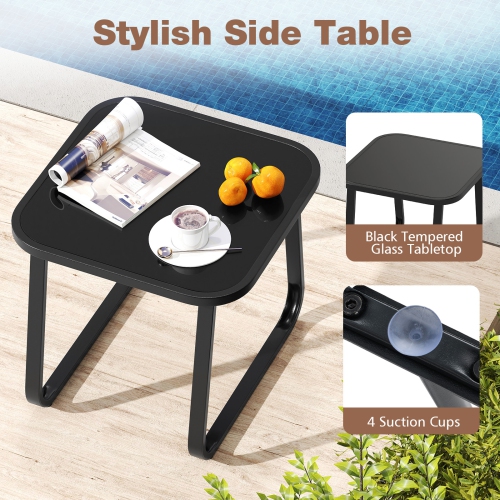 Gymax 3 Piece Outdoor Gliding Set w/ Tempered Glass Coffee Table Teak Wood Armrests