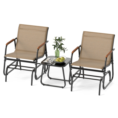 Gymax 3 Piece Outdoor Gliding Set w/ Tempered Glass Coffee Table Teak Wood Armrests