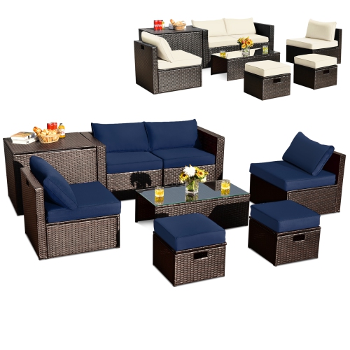 GYMAX  8 PCs Outdoor Wicker Furniture Set W/storage Box Tempered Glass Table 2 Ottomans