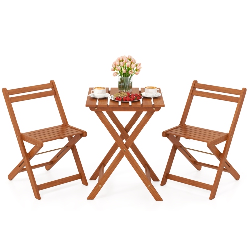 GYMAX  3 PCs Outdoor Wood Bistro Set W/ 2 Folding Chairs & Dining Table for Backyard
