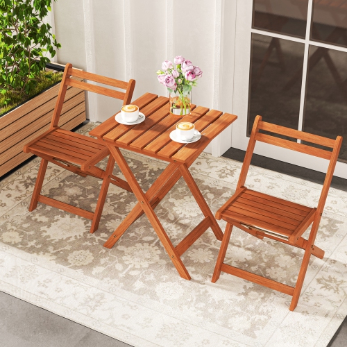 Gymax 3 PCS Outdoor Wood Bistro Set w/ 2 Folding Chairs & Dining Table for Backyard