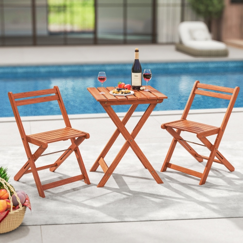 Gymax 3 PCS Outdoor Wood Bistro Set w/ 2 Folding Chairs & Dining Table for Backyard