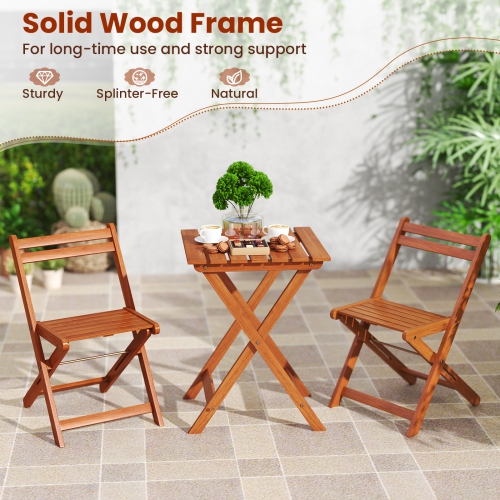 Gymax 3 PCS Outdoor Wood Bistro Set w/ 2 Folding Chairs & Dining Table for Backyard