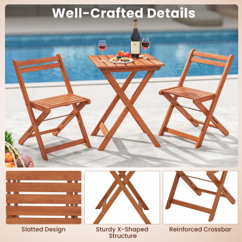 Gymax 3 PCS Outdoor Wood Bistro Set w/ 2 Folding Chairs & Dining Table for Backyard
