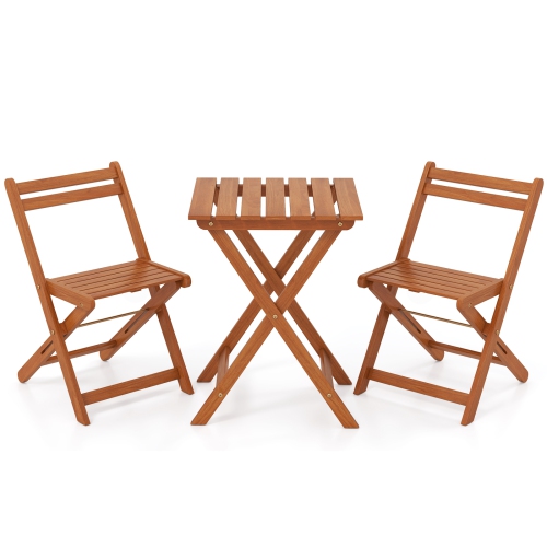Gymax 3 PCS Outdoor Wood Bistro Set w/ 2 Folding Chairs & Dining Table for Backyard