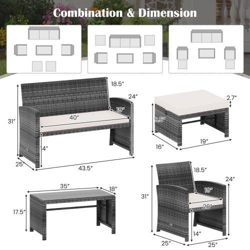 Gymax Set Of 6 Patio Furniture Outdoor Sectional Conversation PE Rattan Sofa Set
