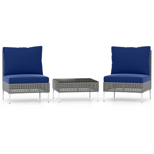 GYMAX  Set Of 3 Patio Furniture W/ Tempered Glass Coffee Table Soft Back & Seat Cushions