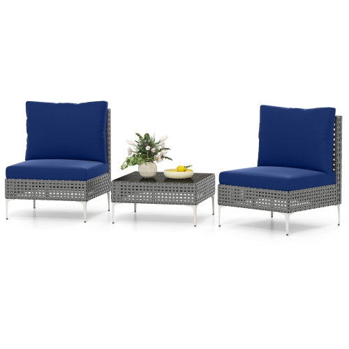 Gymax Set Of 3 Patio Furniture w/ Tempered Glass Coffee Table Soft Back & Seat Cushions