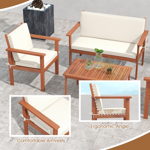 Gymax 4 Pieces Patio Furniture Set Acacia Wood Porch Chairs w/ Table