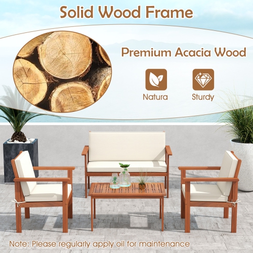 Gymax 4 Pieces Patio Furniture Set Acacia Wood Porch Chairs w/ Table