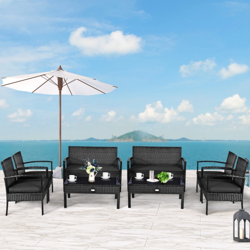 GYMAX  Set Of 8 Outdoor Patio Rattan Furniture Set Cushioned Sofa Coffee Table Garden Deck