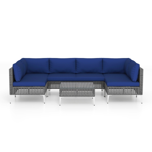 Gymax Set Of 7 Piece Outdoor Furniture Set w/Seat & Back Cushions Tempered Glass Coffee Table