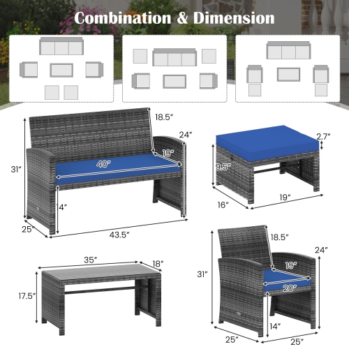 Gymax Set Of 6 Patio Furniture Outdoor Sectional Conversation PE Rattan Sofa Set