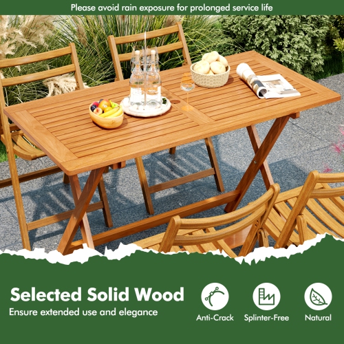 Gymax 54.5'' x 27.5'' Patio Dining Table w/ Teak Painting 2'' Umbrella Hole for Balcony