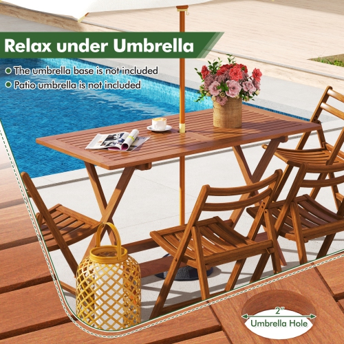 Gymax 54.5'' x 27.5'' Patio Dining Table w/ Teak Painting 2'' Umbrella Hole for Balcony
