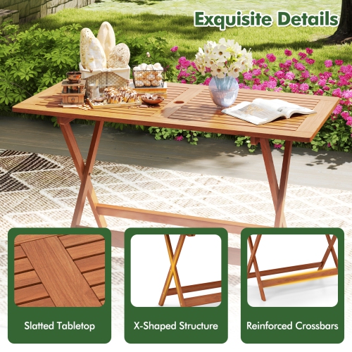 Gymax 54.5'' x 27.5'' Patio Dining Table w/ Teak Painting 2'' Umbrella Hole for Balcony