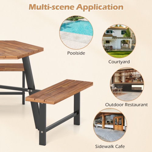 Gymax 6 Person Acacia Wood Picnic Table Bench Set w/3 Seats Umbrella Hole Metal Frame