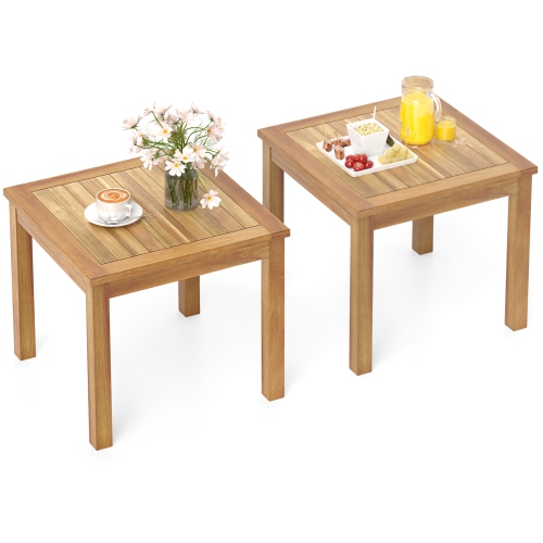 Gymax 2PCS Outdoor Square Teak Wood End Table Coffee Table for Porch Deck Garden Patio