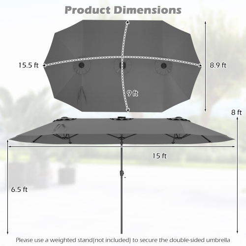 Gymax 15.5 FT Double-sided Patio Umbrella w/ Solar Lights Outdoor Twin Size Umbrella