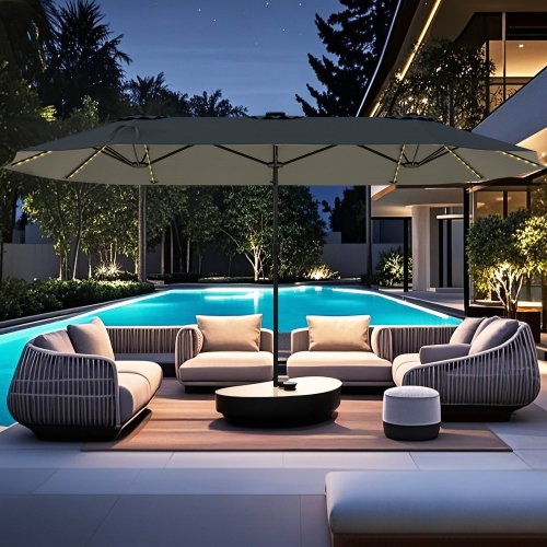 Gymax 15.5 FT Double-sided Patio Umbrella w/ Solar Lights Outdoor Twin Size Umbrella