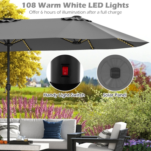 Gymax 15.5 FT Double-sided Patio Umbrella w/ Solar Lights Outdoor Twin Size Umbrella