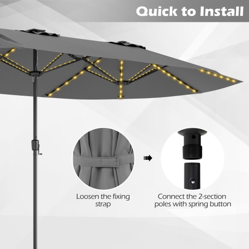 Gymax 15.5 FT Double-sided Patio Umbrella w/ Solar Lights Outdoor Twin Size Umbrella
