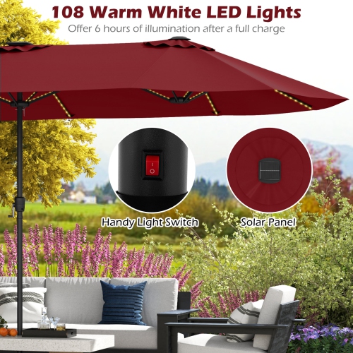 Gymax 15.5 FT Double-sided Patio Umbrella w/ Solar Lights Outdoor Twin Size Umbrella
