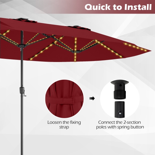 Gymax 15.5 FT Double-sided Patio Umbrella w/ Solar Lights Outdoor Twin Size Umbrella