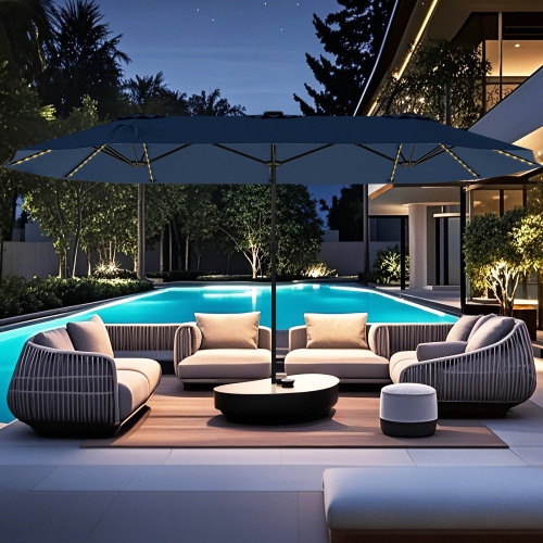 Gymax 15.5 FT Double-sided Patio Umbrella w/ Solar Lights Outdoor Twin Size Umbrella