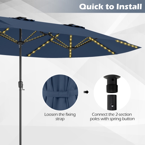 Gymax 15.5 FT Double-sided Patio Umbrella w/ Solar Lights Outdoor Twin Size Umbrella