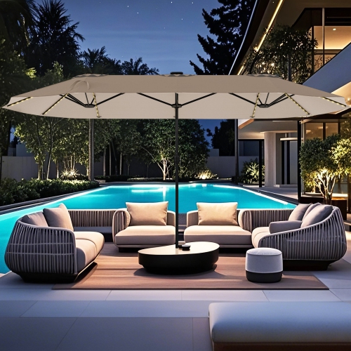 Gymax 15.5 FT Double-sided Patio Umbrella w/ Solar Lights Outdoor Twin Size Umbrella