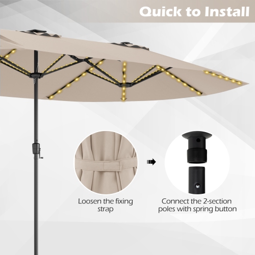 Gymax 15.5 FT Double-sided Patio Umbrella w/ Solar Lights Outdoor Twin Size Umbrella