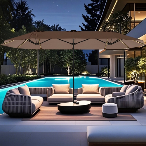 Gymax 15.5 FT Double-sided Patio Umbrella w/ Solar Lights Outdoor Twin Size Umbrella
