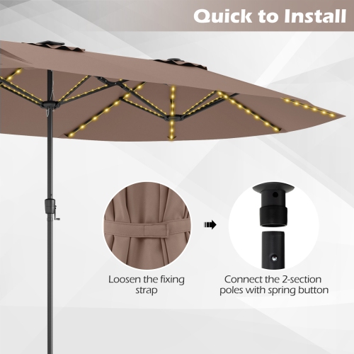 Gymax 15.5 FT Double-sided Patio Umbrella w/ Solar Lights Outdoor Twin Size Umbrella