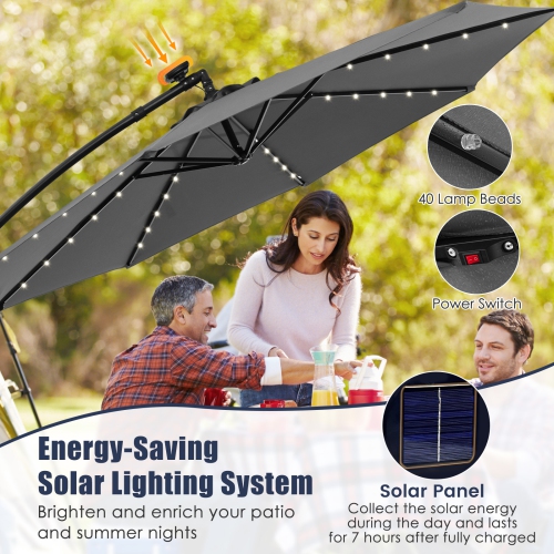 Gymax 10 Ft Solar LED 40 Lights Offset Umbrella Crank Cross Base Patio