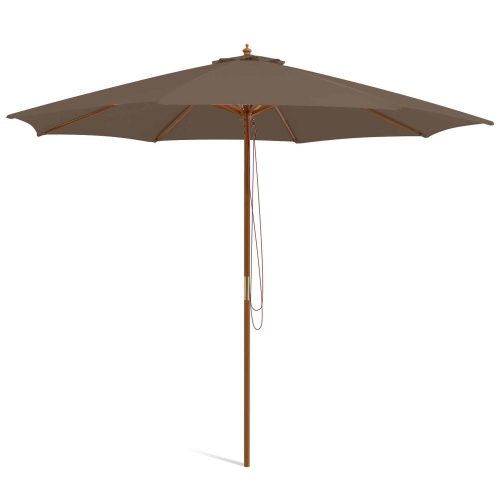 GYMAX  10Ft Wooden Market Table Umbrella Pulley Sunshade Canopy W/8 Bamboo Ribs