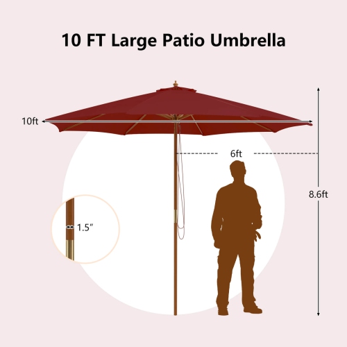Gymax 10FT Wooden Market Table Umbrella Pulley Sunshade Canopy w/8 Bamboo Ribs